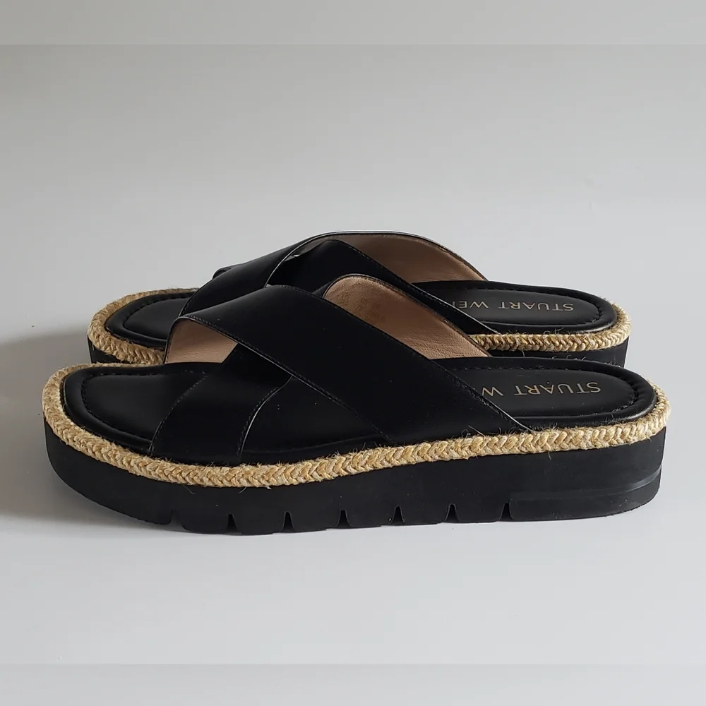 Stuart Weitzman Roza Lift Slide Black Leather Size 7 B